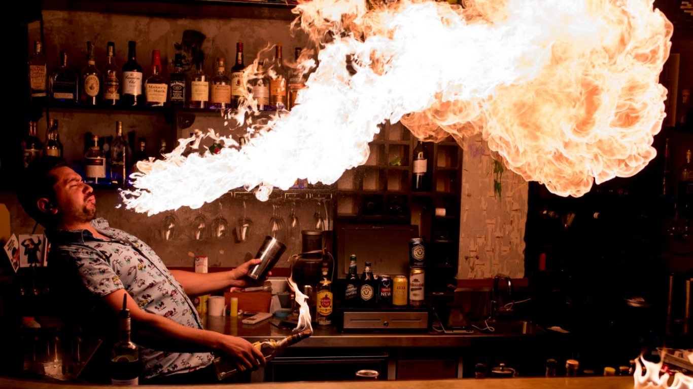 A Jimmy Slings fire show mid breath