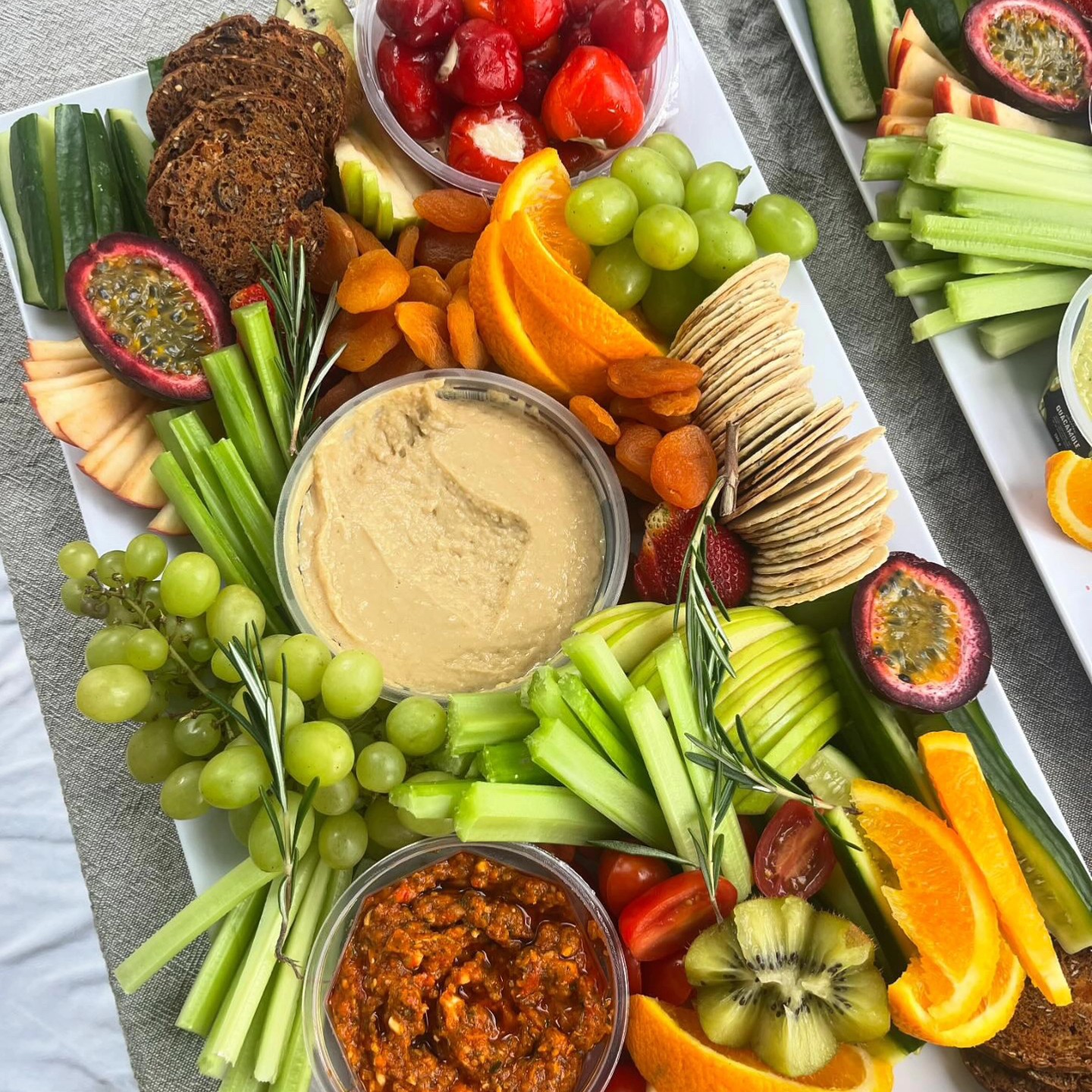 Grazing platter with fresh produce and dips
