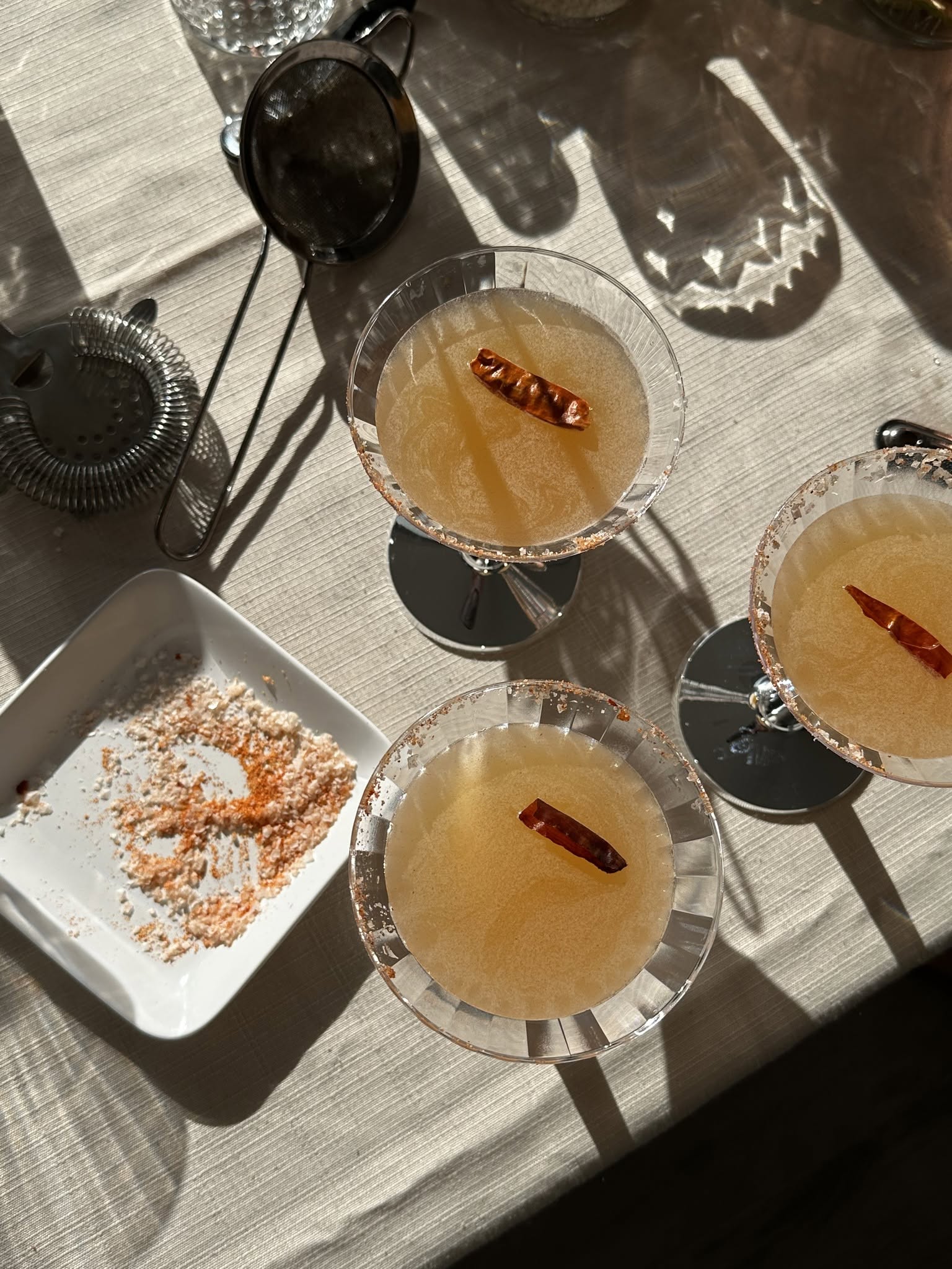 Tray of spicy margaritas ready to serve